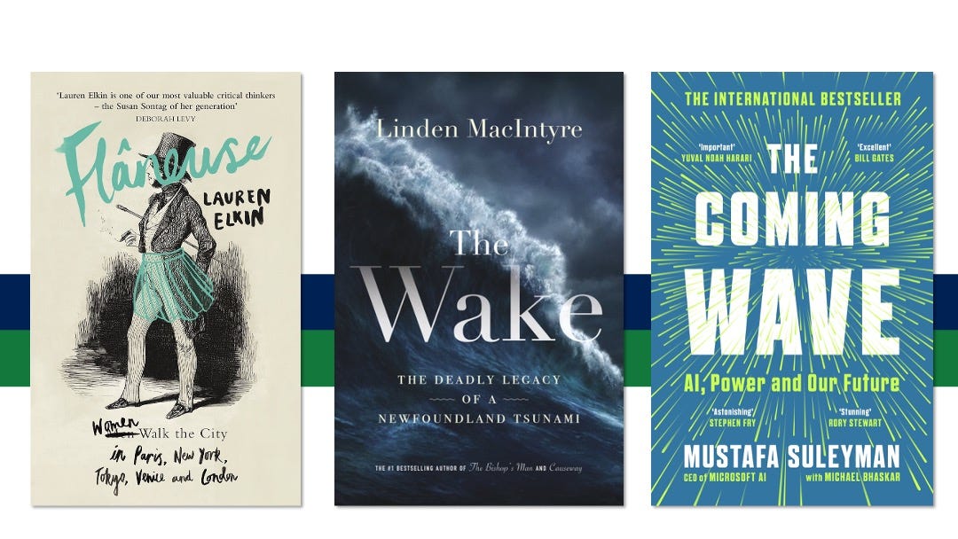 the book covers of the books we are reading: Flaneuse, The Wake, and The Coming Wave.