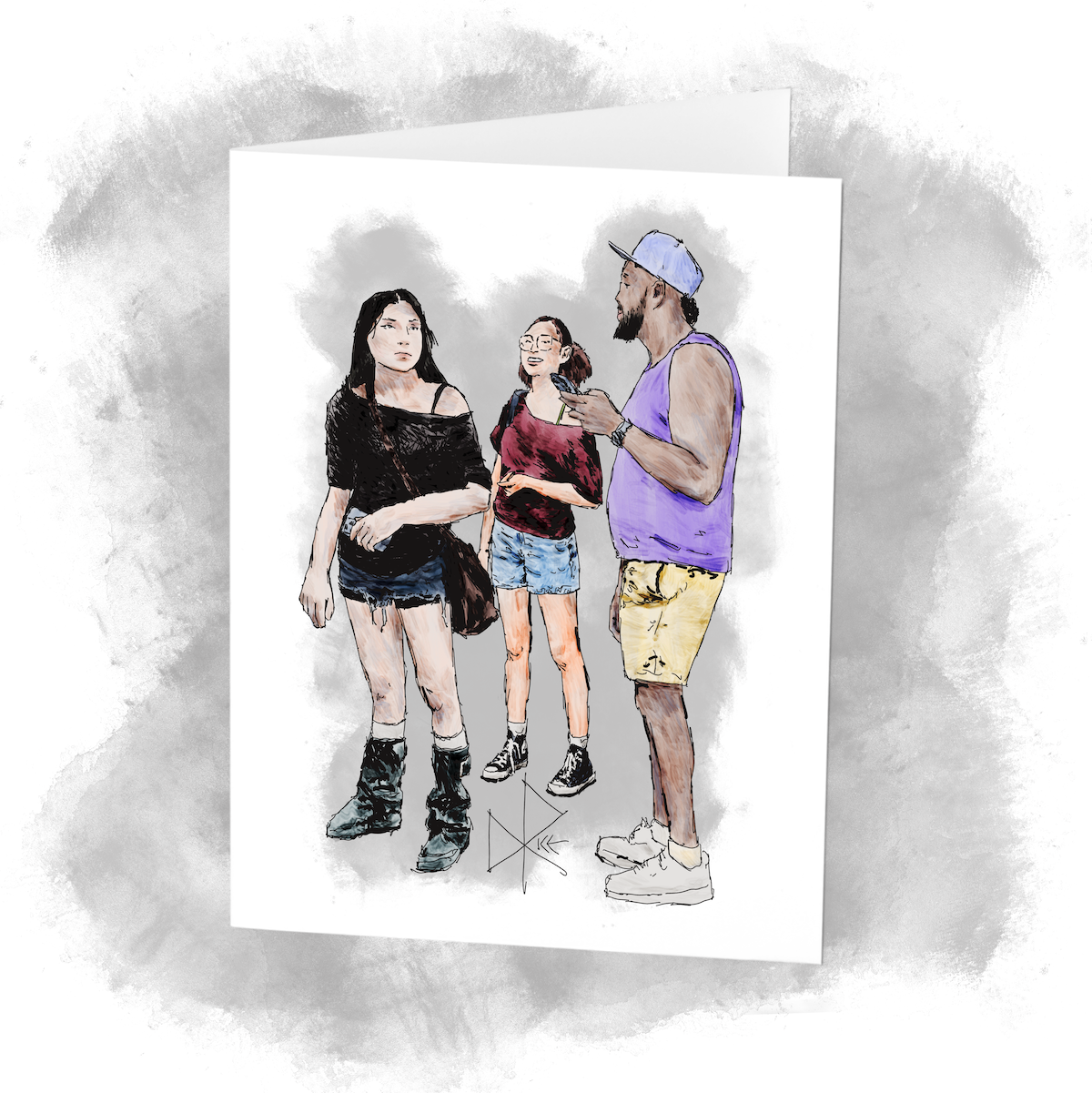 A trio of young people waiting around before a live performance, as the delay time continues to lengthen. Sketch art by Don Rice.