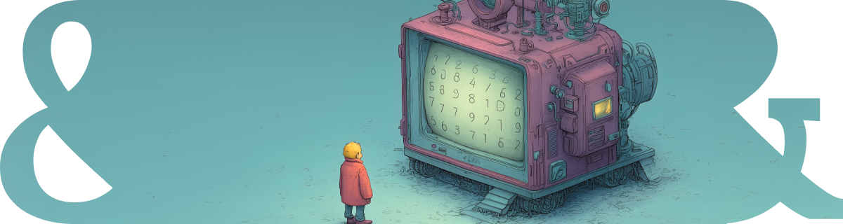 A child in a red coat stands in front of a large, vintage, pink machine with a screen displaying a grid of glowing numbers. The background is a smooth gradient of teal, and oversized ampersand symbols frame the scene on both sides.