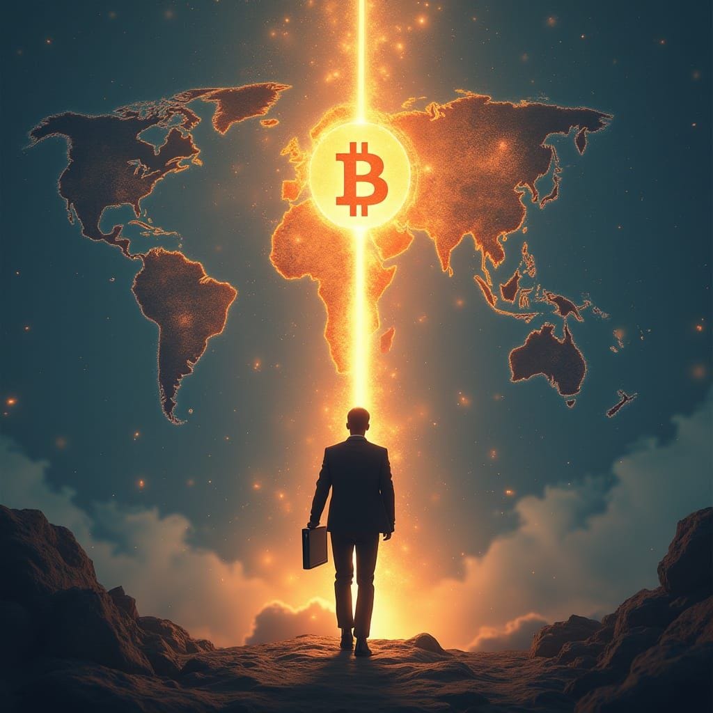 a man. holding a computer and a bitcoin sign in the other hand  is heading toward a distant beam of light, representing ...