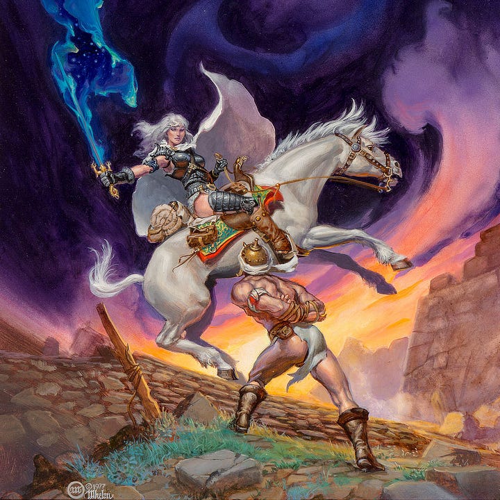 LEFT: Detail from WELL OF SHIUAN featuring a white haired Morgaine rearing back on her horse as she confronts a warrior with arms strapped behind his back. She holds out a sword with blue energy rippling along the blade as it tears a rift in the fabric of reality. RIGHT: Figure detail from WELL OF SHIUAN featuring Morgaine rearing back on her horse with her white hair cape trailing behind. She wears knee high leather boots and segmented plates of armor over her thighs. Beneath her breastplate, a chainmail shirt extends down to the saddle. The bare skin of her hip remains exposed. Her right arm is extended out a bangle on her upper arm is decorated like a demon with mouth consuming her flesh. In a gloved hand, she grips the golden grip of the sword. The quillons turn up like the talons of a creature reaching up. The pommel like a tail curling around a small ruby sphere. Blue fire dances along the blade extending out as if ripping reality to expose stars beneath.