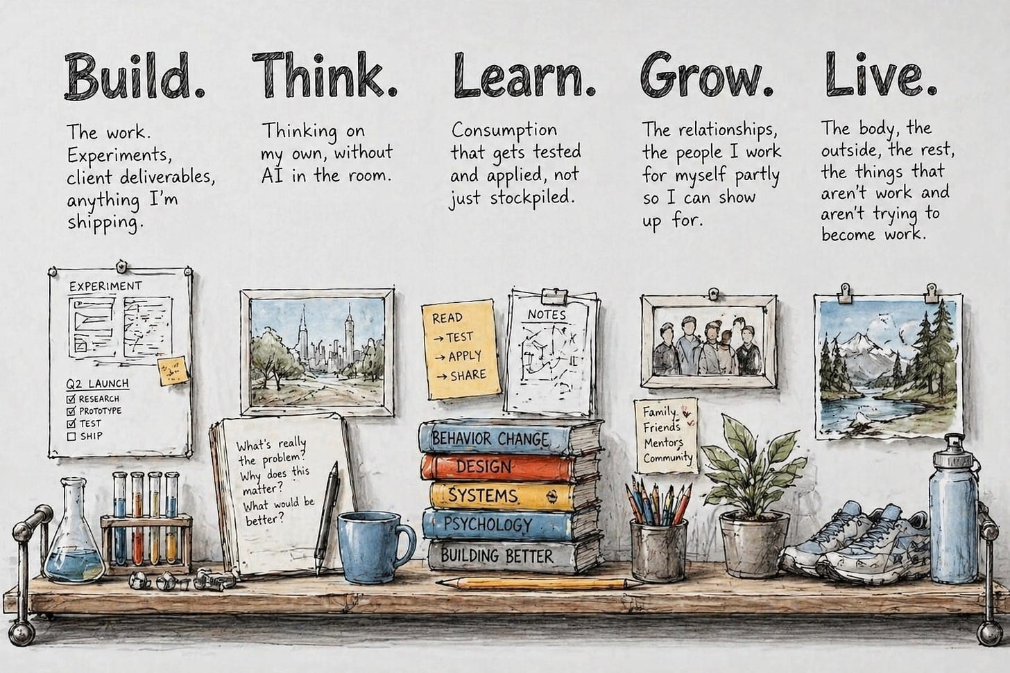 five balance flags in a daily pulse decision system — build, think, learn, grow, live