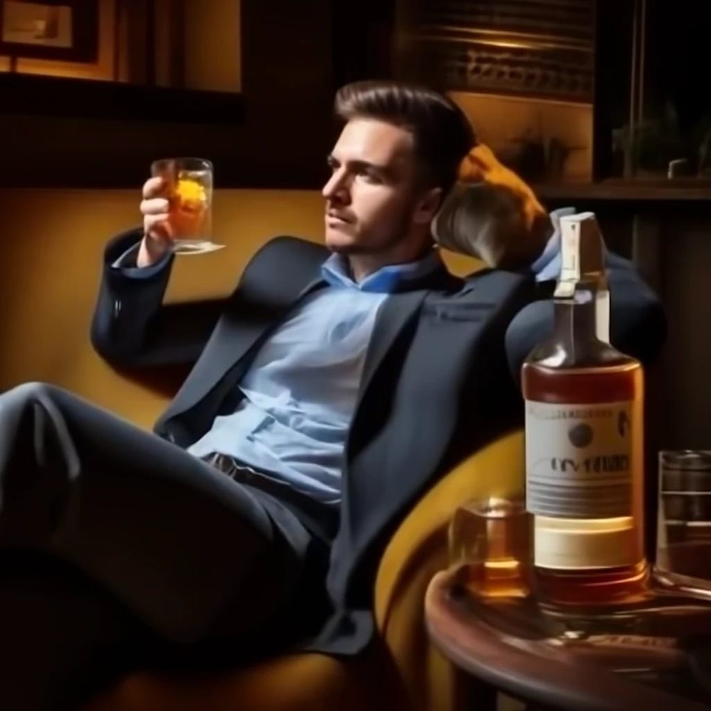 A hardworking man takes a moment to relax and enjoy a glass of whiskey