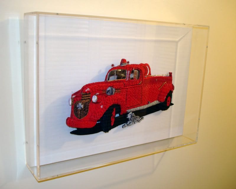 Fine pop art Beader Beaded embroidery Chevy Fire truck engine Bead International Stanhope framers Boston custom shadowbox Fine pop art Beader Beaded embroidery Chevy Fire truck engine Bead International Stanhope framers Boston custom shadowbox