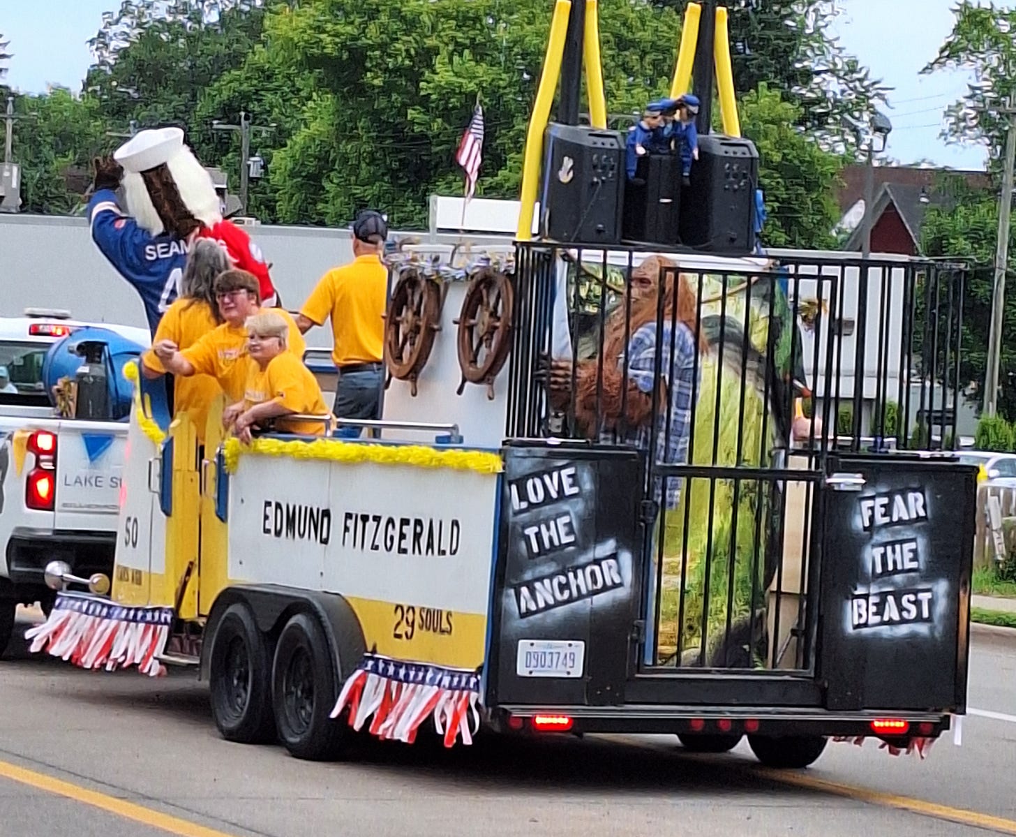4th of July LSSU parade float with Bigfoot.