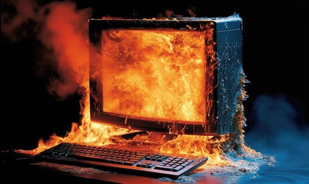 Premium AI Image | A burning system unit from a computer from a short circuit and a power surge