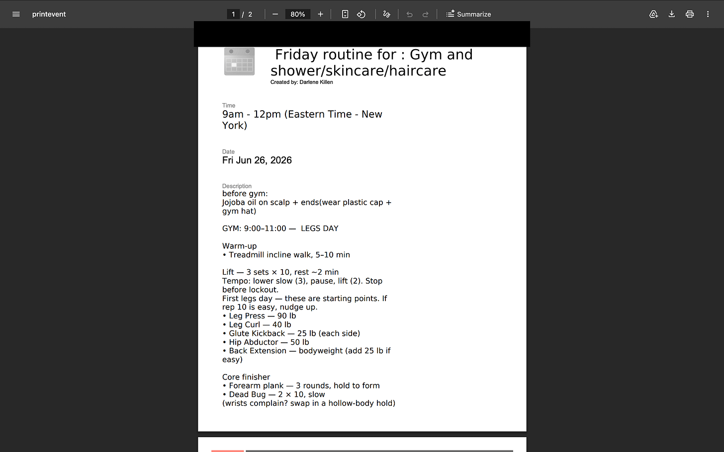 The Visible Practitioner screenshot of an AI-generated workout written into a Google Calendar event, representing energy-paced fitness planning. The Visible Practitioner screenshot of an AI-generated workout written into a Google Calendar event, representing energy-paced fitness planning.