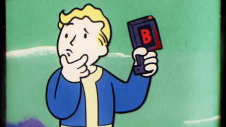 o vault-boy, desenho de um homem loiro e branco, vestido de macacão azul, segurando um livro ensanguentado e olhando para um lado e para o outro.