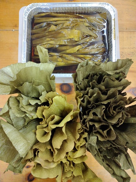 A series of images demonstrating the vivid range of greens and yellows achieved using red and brown onion skin and nettles as dye materials