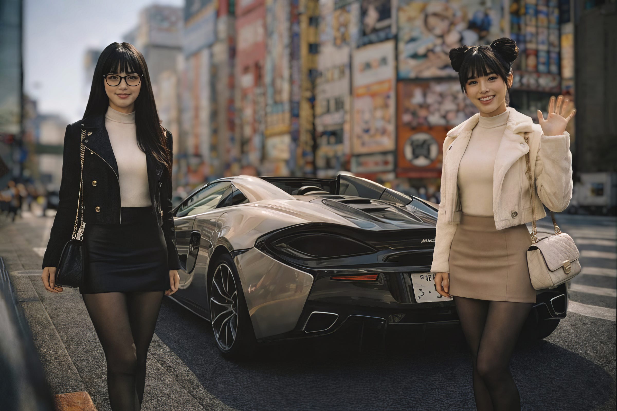 Two fashionable women standing beside a sleek black McLaren sports car in colorful Akihabara district