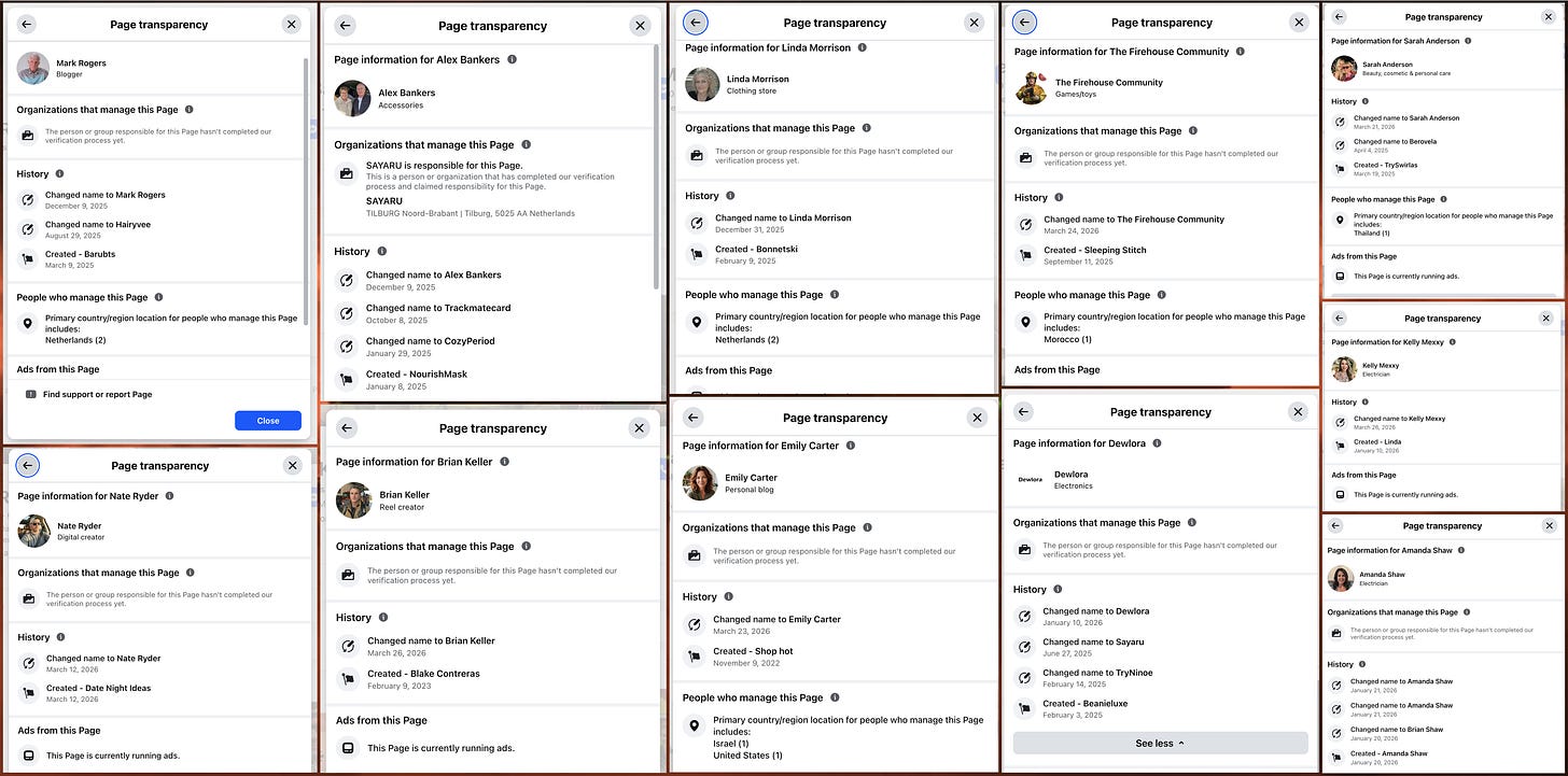 page transparency info for 11 of the spam accounts, showing that they have been renamed