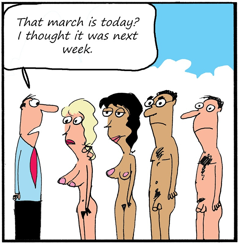 Panel three: A clothed man in a shirt and tie approaches them and says, “That march is today? I thought it was next week.”