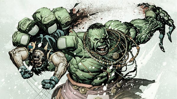 The Hulk roars while holding Wolverine’s severed upper and lower halves after tearing him in two. The Hulk roars while holding Wolverine’s severed upper and lower halves after tearing him in two.