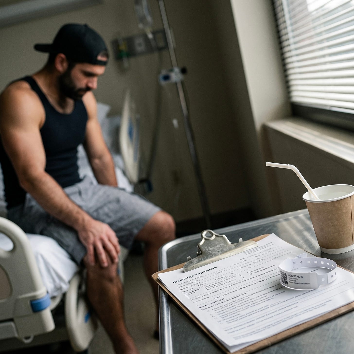 Mitch sits on the edge of a hospital bed looking physically exhausted, with a clipboard of discharge paperwork and a hospital ID band sitting on a tray table in the foreground. Mitch sits on the edge of a hospital bed looking physically exhausted, with a clipboard of discharge paperwork and a hospital ID band sitting on a tray table in the foreground.