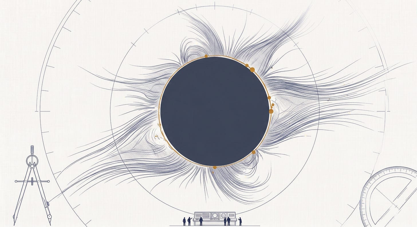 A total solar eclipse rendered as a precision technical drawing on off-white linen. The Moon's disc — a solid dark slate-blue circle — occults the Sun at center, while the corona radiates outward as fine, asymmetric slate-blue streamers. A thin amber-gold ring of remaining sunlight, marked with a few brighter beads, traces the occlusion edge. Faint construction circles, radial degree ticks, and a drafting compass and protractor at the corners frame the scene as an astronomical plate. A small observatory console staffed by tiny figures sits at the bottom for scale.
