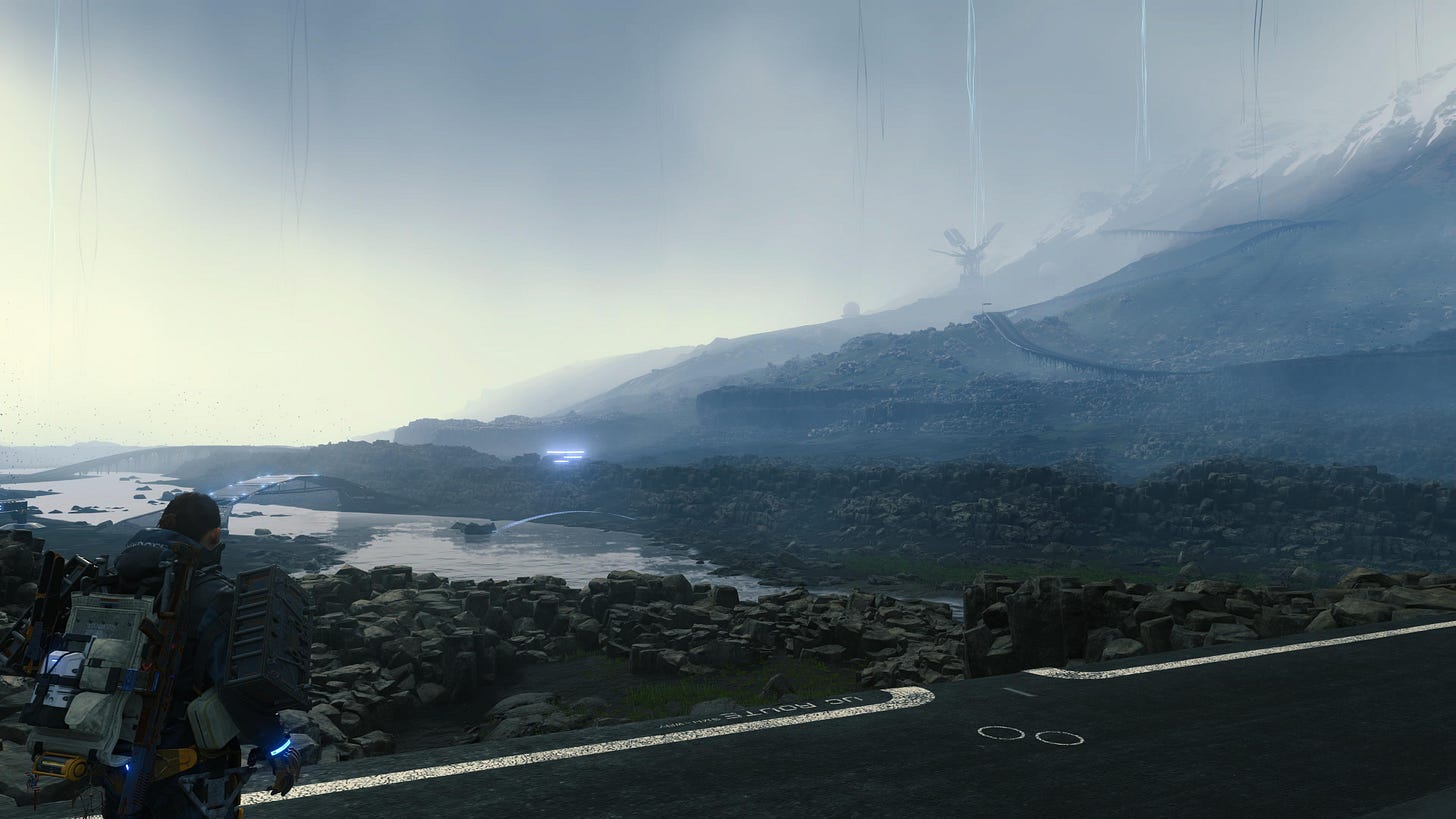 Player character overlooking a mountainous landscape with black tendrils scattered across the sky Player character overlooking a mountainous landscape with black tendrils scattered across the sky