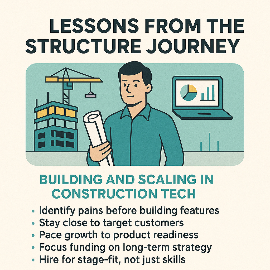 Image showing StructShare lessons on scaling AEC tech startups with tips on customer focus, growth pacing, and hiring strategies