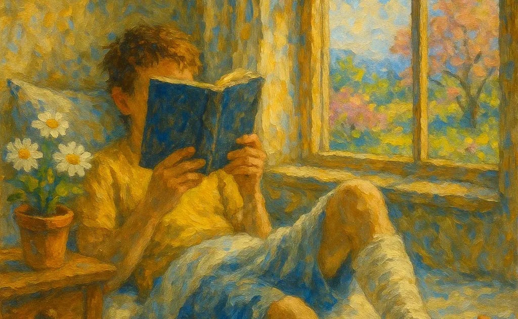 A painting of a person reading a book while resting on a bed, with a leg in a cast and daisies nearby.