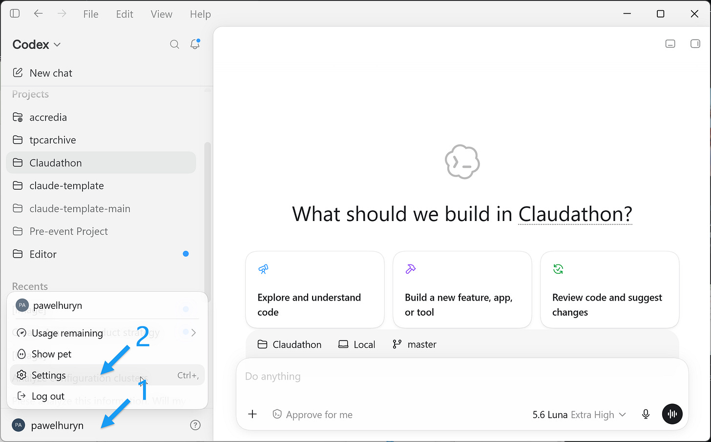 ChatGPT app, Luna, enable max effort, step 1 ChatGPT app, Luna, enable max effort, step 1