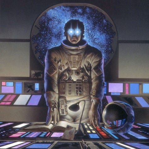 LEFT: Pen and ink sketch for TIME AND AGAIN featuring a man in spacesuit standing at the forefront of a group of people. He holds a book with a space theme on the dark back cover. In his other hand, he holds the bowl shaped space helm. Flanking him on either side are humanoid figures with numbers on their foreheads. Farther left is a trio of more traditional looking men and women. Behind them is a square field of stars, contrasting with details in white on dark. CENTER: Detail from TIME AND AGAIN featuring a man in tattered spacesuit whose eyes are glowing blue with starbursts. A window behind is shattered showing through with a starfield colored with the cloud of a blue nebula. RIGHT: Preliminary concept for TIME AND AGAIN featuring a headshot of a man with headset microphone near his mouth. The left half of his face is flesh tone while the rest is tinted light blue sparkling with starbursts that extend out over a planet next to him. A spaceship flies overhead the top edge. Antique pocket watches, gold trimmed with black faces, hover in the air. In the lower right, a pair of human figures (one male, one female) are fleeing from a robotic figure. On the male’s forehead a number is inscribed in white.