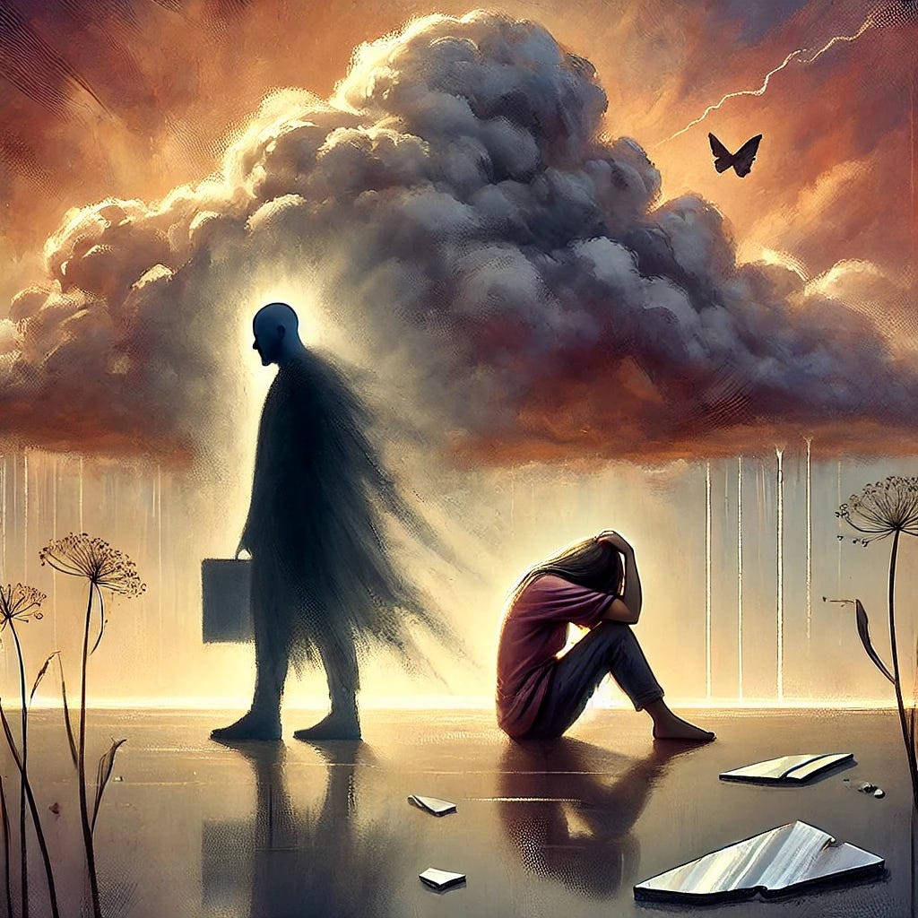 A poignant and emotional illustration of a couple, with one partner depicted as a shadowy figure projecting blame onto the other, who stands burdened and isolated under a heavy storm cloud. The background is a mixture of soft hues symbolizing confusion and pain, with faint rays of light breaking through to signify resilience and hope. The setting captures the emotional toll of being scapegoated, with subtle details like fragmented mirror pieces scattered on the ground to symbolize a fractured relationship.