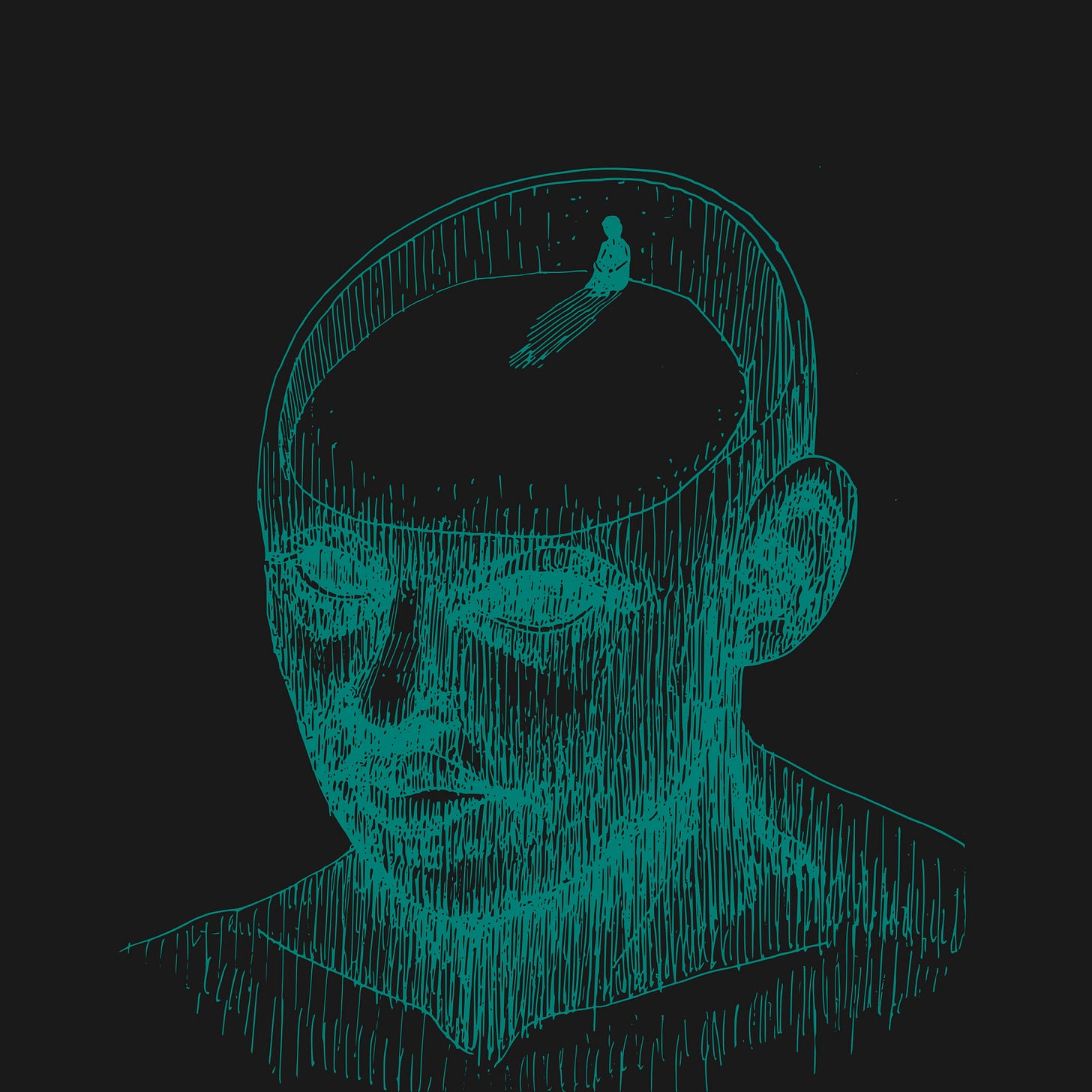 Line illustration of a human head with the top open, showing a small seated figure inside