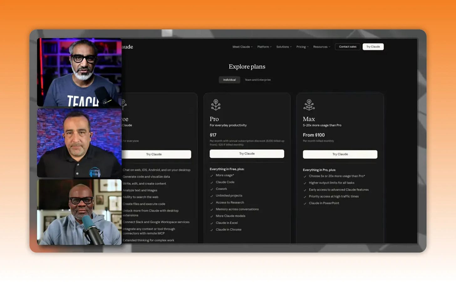 Claude pricing plans screen with feature lists for Free, Pro, and Max including usage and capabilities