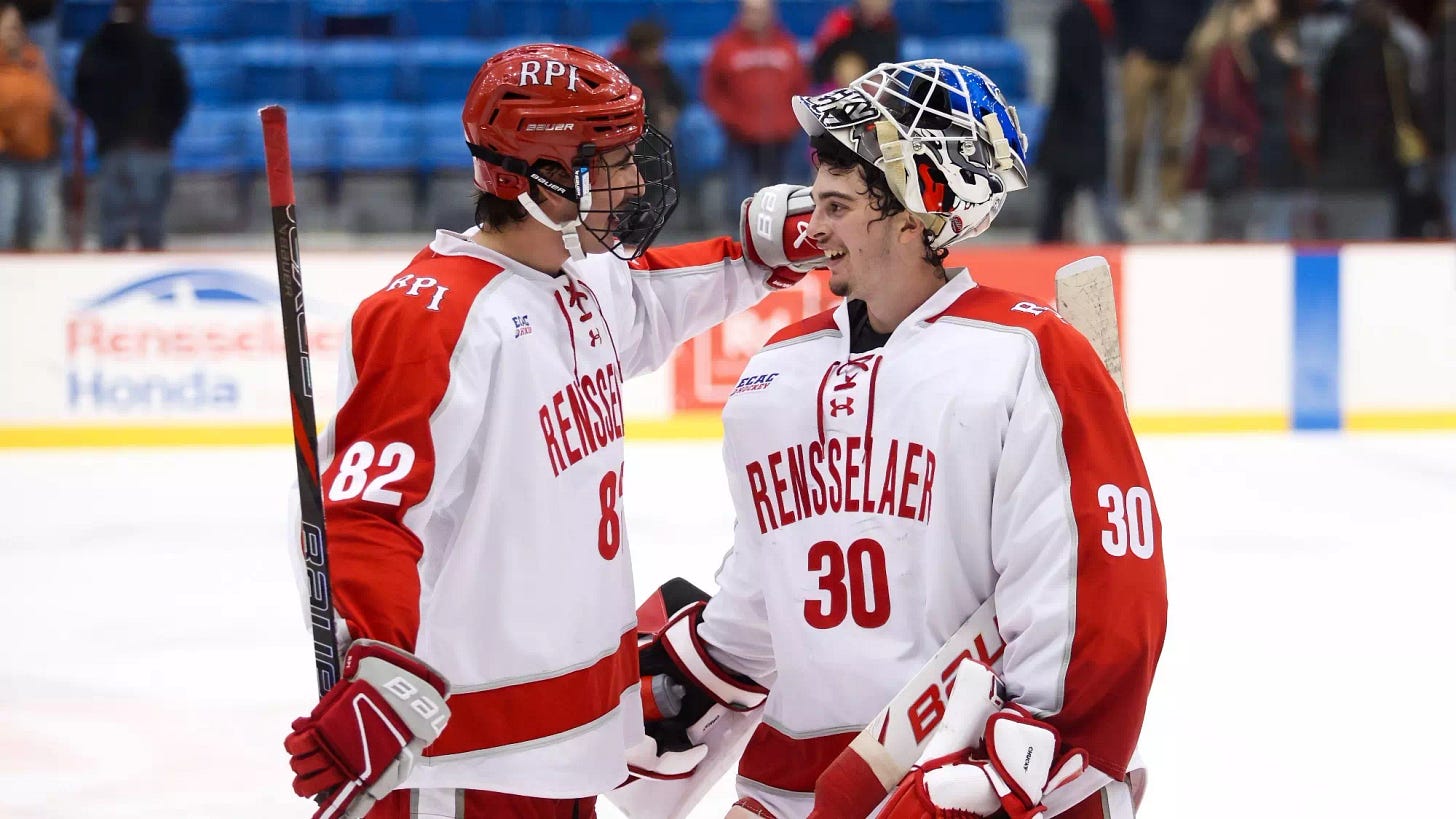 Mathieu Bourgault and Nate Krawchuk of RPI Men’s Hockey in action versus UMass Lowell on Saturday November 15, 2025 in Troy, NY, Mathieu Bourgault and Nate Krawchuk of RPI Men’s Hockey in action versus UMass Lowell on Saturday November 15, 2025 in Troy, NY,