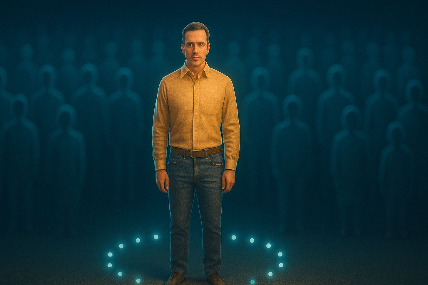 A man standing out in front of a sea of anonymous figures