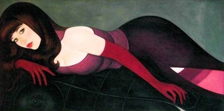 This may contain: a painting of a woman laying on top of a chair