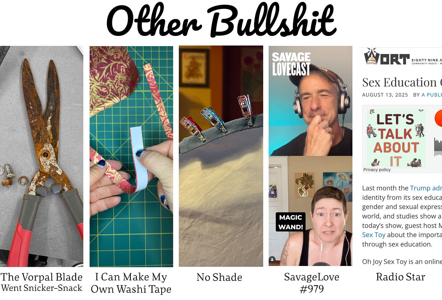  Title: Other Bullshit Five rectangular panels of image samples. 1) Photo of very rusty hedge trimmers Title: The Vorpal Blade Went Snicker-Snack   2) Photo of hands holding a strip of colorful paper Title: I Can Make My Own Washi Tape  3) Photo of miniature clothespins clipped onto shiny silver fabric that is stretched taught. Title: No Shade  4) Screenshot of a split screen of Dan Savage and Erika Moen talking to each other during a podcast recording.  Title: SavageLove #979  5) Screenshot of the radio station's post, sharing their interview with Erika Moen and Matthew Nolan Title: Radio Star: Sex Education Comics Are For Everyone