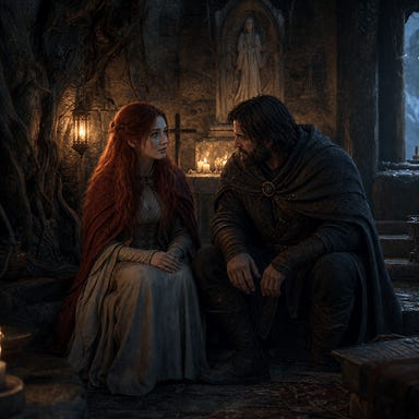 Ireena and Greegan sitting together in the shrine at Soldav, Barovian Gothic atmosphere, soft lantern light illuminating stone walls and roots, Ireena’s red hair glowing faintly, Greegan leaning in as they talk quietly, warm intimate moment in cold mountain sanctuary