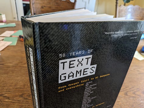 Various images of the casebound hardcover and softcover print-on-demand edition of 50 Years of Text Games.