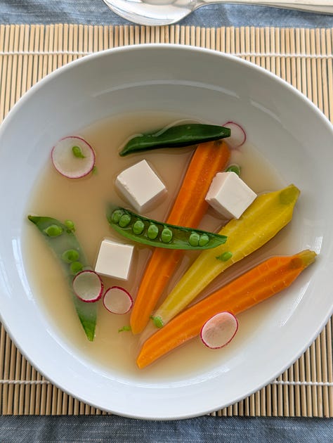 Gallery of three spring miso soup variations: asparagus, potato, and spring onion; rhubarb, shiitake, and spinach; snap peas, baby carrots, and radish.