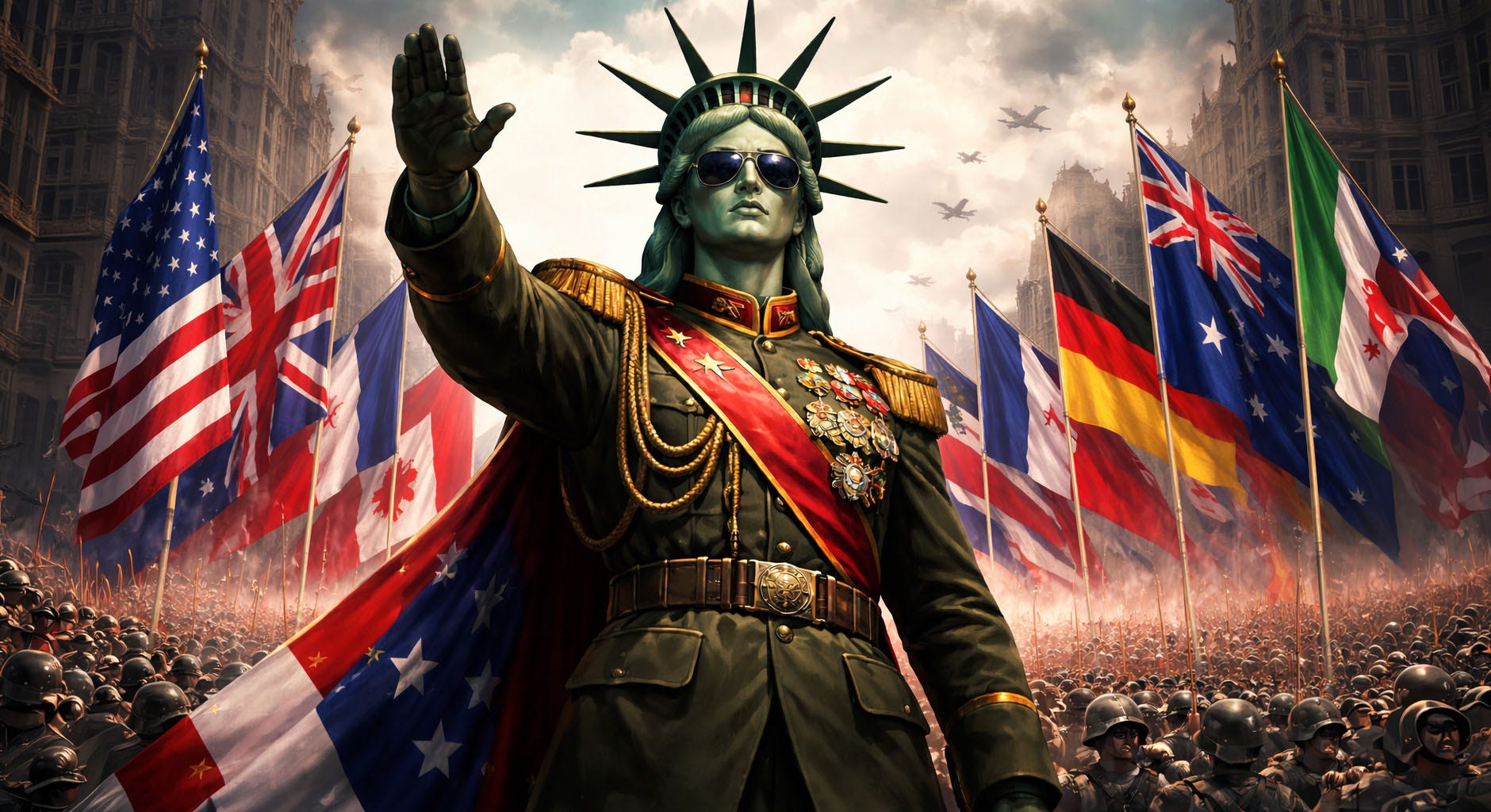 A dramatic 16:9 digital painting of the Statue of Liberty portrayed as an authoritarian military leader, wearing a dark green uniform covered in medals, a red sash, and aviator sunglasses, raising her hand in a rigid salute. Behind her, a massive crowd of soldiers fills the street while large Western country flags — including the United States, United Kingdom, Germany, France, Canada, Australia, and Italy — wave in smoky air. Fighter jets fly overhead between tall city buildings, creating a tense, propagandistic atmosphere. A dramatic 16:9 digital painting of the Statue of Liberty portrayed as an authoritarian military leader, wearing a dark green uniform covered in medals, a red sash, and aviator sunglasses, raising her hand in a rigid salute. Behind her, a massive crowd of soldiers fills the street while large Western country flags — including the United States, United Kingdom, Germany, France, Canada, Australia, and Italy — wave in smoky air. Fighter jets fly overhead between tall city buildings, creating a tense, propagandistic atmosphere.