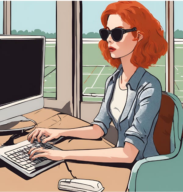 animation of a red head sitting at a computer typing