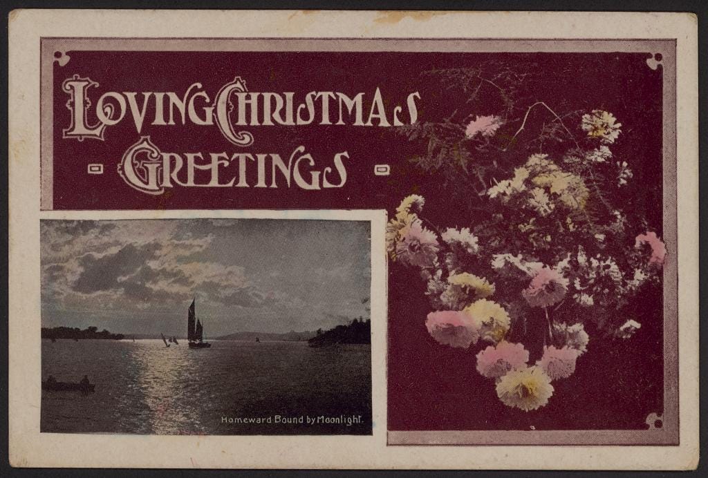 Vintage postcard featuring the text "Loving Christmas Greetings" and "Homeward Bound by Moonlight" with pictures of chrysanthemums and a sail boat.