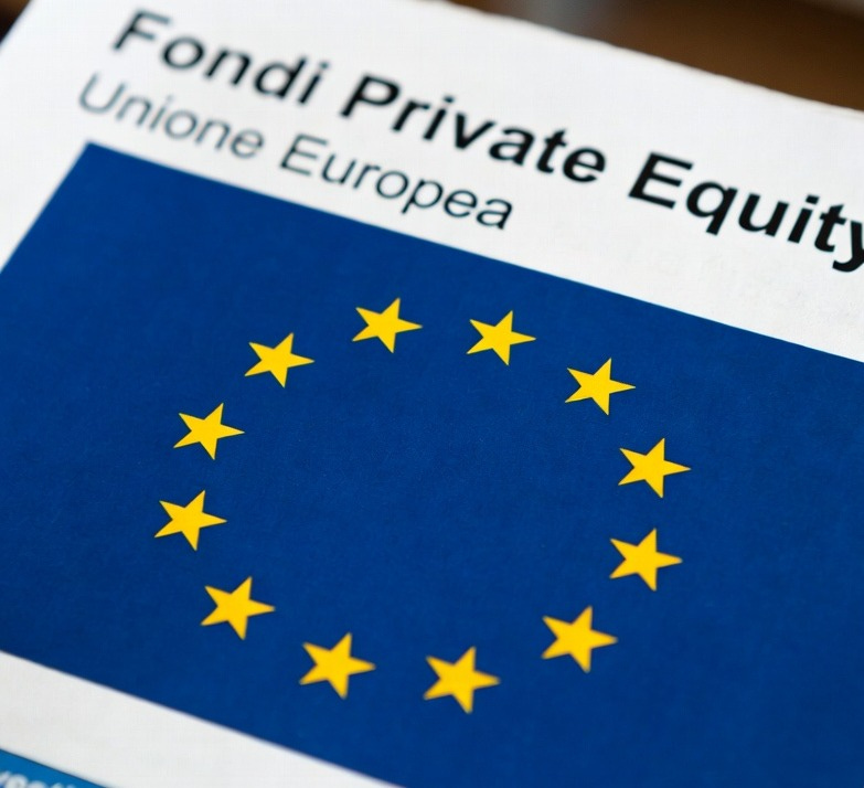 A photograph of the European Union flag with a private equity fund document, emphasizing EU investment themes.