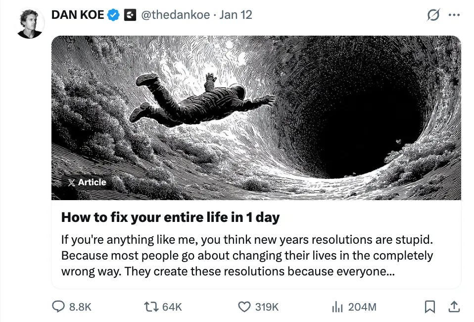 Dan Koe's viral X article "How to fix your entire life in 1 day" showing 204M views, 319K likes and 64K reposts Dan Koe's viral X article "How to fix your entire life in 1 day" showing 204M views, 319K likes and 64K reposts