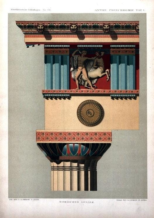 A painted Doric entablature, as reconstructed by a German illustrator in the 1880s. How come the color looks really good here? A painted Doric entablature, as reconstructed by a German illustrator in the 1880s. How come the color looks really good here?