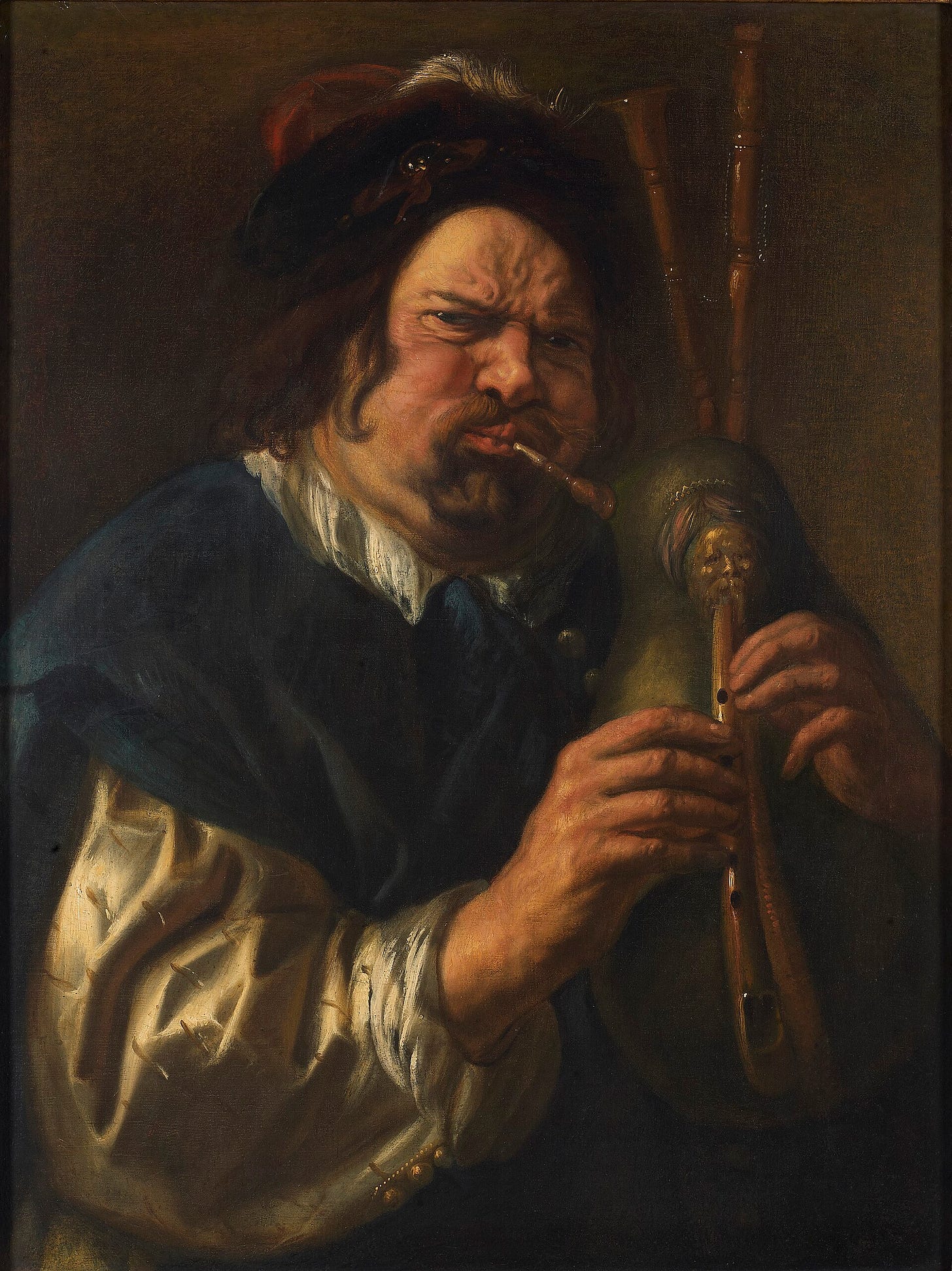 “The Bagpipe Player”, Jacob Jordaens (1593–1678). King Baudouin Foundation. Public domain. Painting depicts a man blowing very hard into a bagpipe. “The Bagpipe Player”, Jacob Jordaens (1593–1678). King Baudouin Foundation. Public domain. Painting depicts a man blowing very hard into a bagpipe.