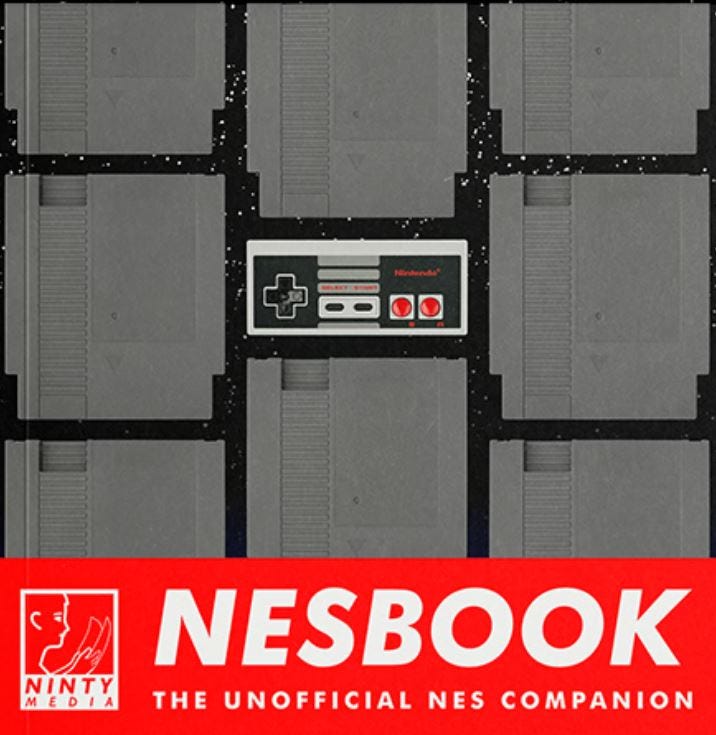 Cover of NESBOOK: The Unofficial NES Companion by Ninty Media. The image features a grid of classic gray NES game cartridges on a starry black background. In the center is a retro NES controller, emphasizing the nostalgic theme. The bottom of the cover is a bold red banner displaying the title "NESBOOK" in large white letters, with the subtitle "The Unofficial NES Companion" beneath it. On the left, the Ninty Media logo is prominently displayed in white on red.