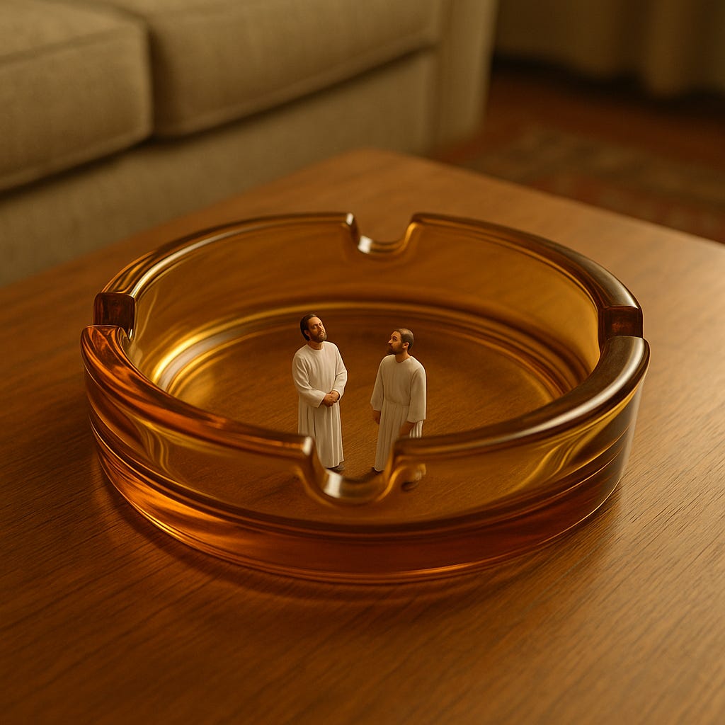 A warm, nostalgic image of a 1970s amber glass ashtray with three grooves for cigarettes resting on a wooden coffee table. Inside the ashtray, two tiny, realistic male figures in white robes stand side by side, gazing upward. Soft, golden light highlights the glass and gives the scene a magical yet familiar feeling, blending everyday realism with quiet wonder.