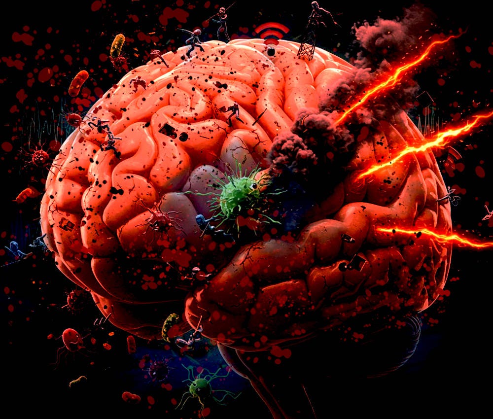 A brain being attacked by multiple elements including pathogens, radiation, and inflammatory lightning.