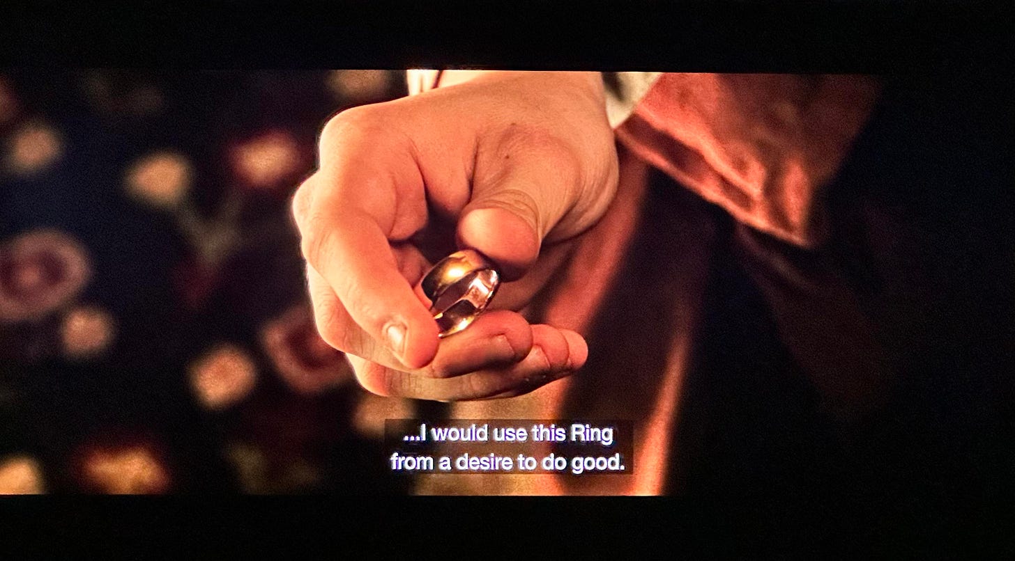 Right after Frodo offers the Ring to Gandalf. Does the Ring look too big  for Frodo's fingers? Was it already resizing itself for Gandalf to tempt  him? : r/lotr