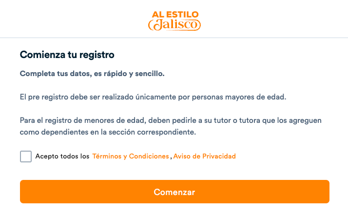 Pantalla de registro de Broxel, consultada ayer domingo a las 7pm, que exige un único consentimiento para los términos y condiciones y el aviso de privacidad. Fuente: https://ciudadanoregister.broxel.com/ / https://mitarjetajalisco.com/terminos-y-condiciones/ / https://mitarjetajalisco.com/aviso-de-privacidad/