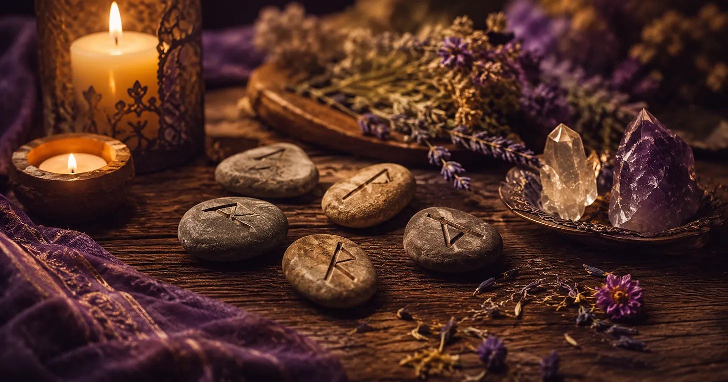 Elder Futhark rune stones carved with symbols on a wooden table, beside a lit candle, dried lavender, and quartz and amethyst crystals Elder Futhark rune stones carved with symbols on a wooden table, beside a lit candle, dried lavender, and quartz and amethyst crystals