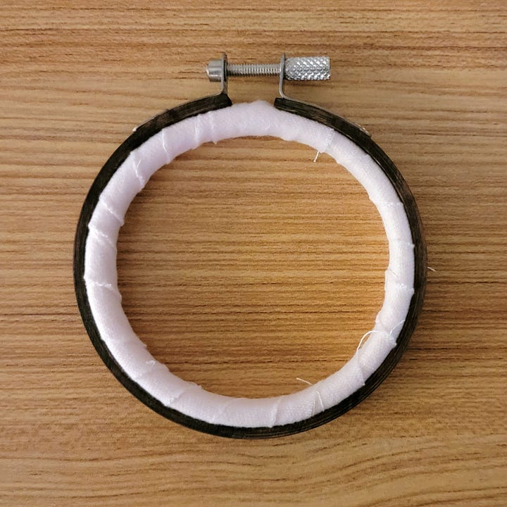 close-up of embroidery hoops in different stages of assembly