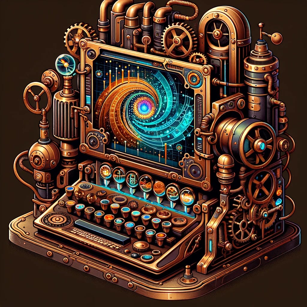 A steam-punk style illustration of a computer exploring a big dataset. The computer should be designed with Victorian-era industrial aesthetics, featuring brass and copper elements, gears, and steam valves. The screen of the computer should display glowing, intricate data visualizations, symbolizing the exploration of a large dataset. Include visual elements such as swirling wires and mechanical arms processing data. The color scheme should primarily consist of deep browns, bronzes, and occasional flashes of electric blue to represent data activity.