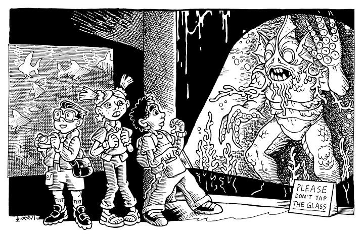 Photos of black and white traditionally hand drawn full page illustrations. A trio of kid approach a boarded up lighthouse surrounded by crooked pine trees and under a sky full of ominous churning clouds. A sinister figure watches them from the top of the lighthouse. On the other images three kids spot a fishman creature in the local aquarium.